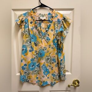 LOFT Multicolor Floral Dress with Ruffle Detail